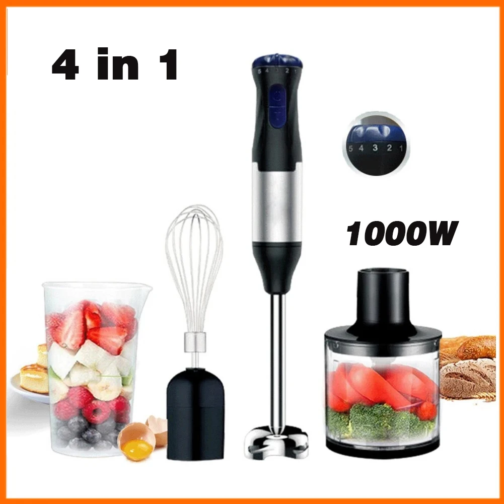 1000W Electric Stick Hand Blender 4 in 1 Handheld Mixer Stainless Steel Blade Vegetable Meat Immersion Egg Whisk Juicer Set