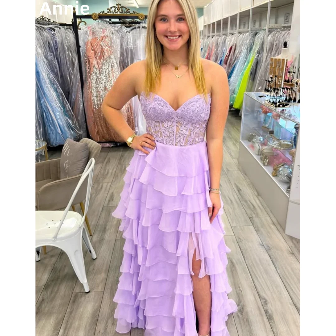 

Annie Lavender purple Prom Dresses Embroidered Chiffon Multilayer Evening Dresses Off-the-shoulder Corset Wedding Party Dresses