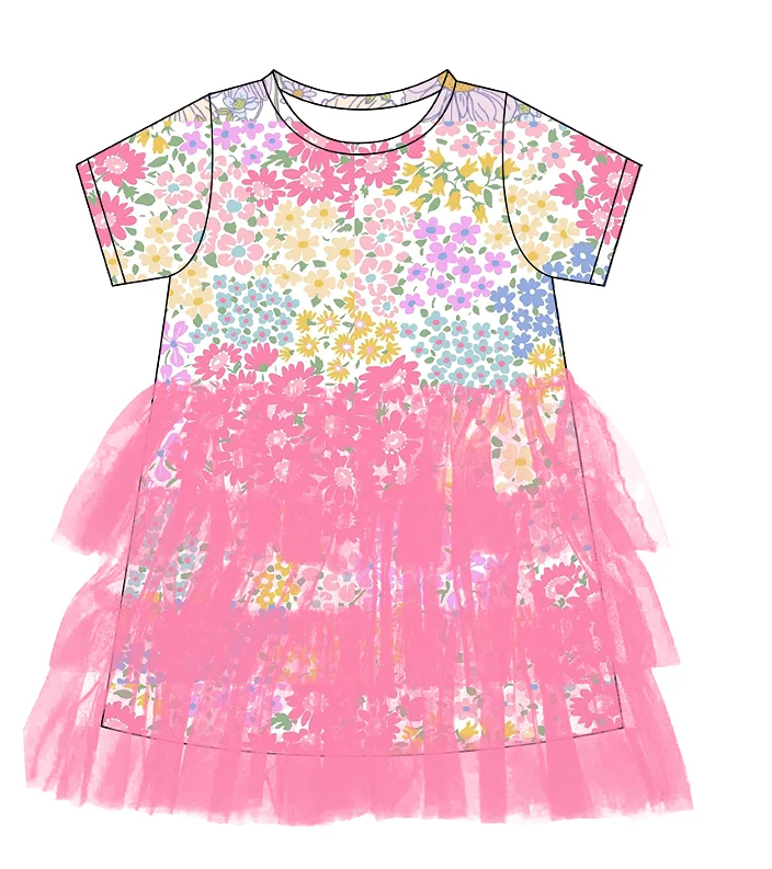 Wholesale Baby Girl Clothes Long Sleeve Dress Set Pink Floral Print Girl Mesh Dress Baby Ruffle Zipper Romper Boutique Sister Cl