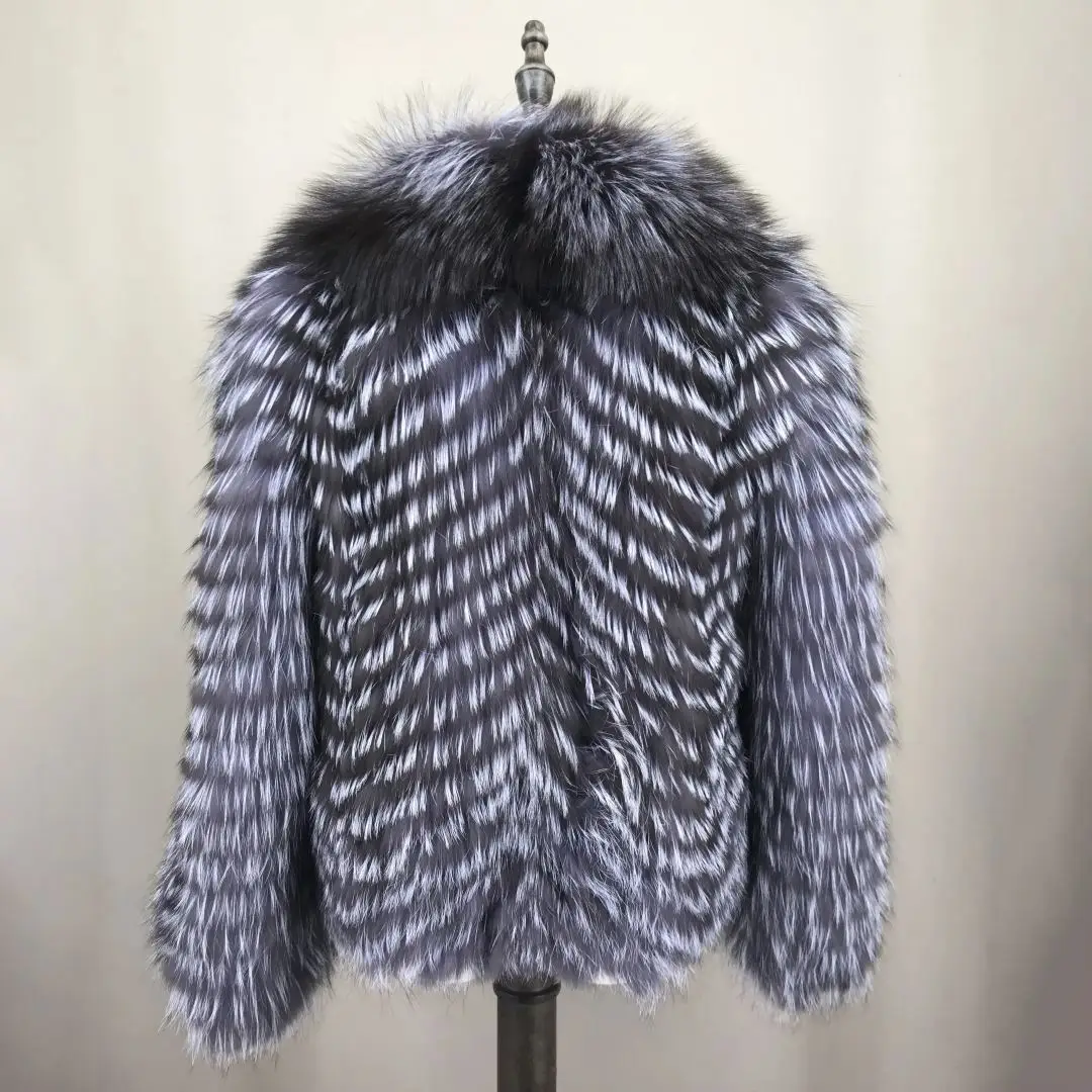 Royal Blue Natural Silver Fox Fur Jacket with Big Turn-down Collar Winter New Genuine Leather Fox Fur Coats Short Outwear