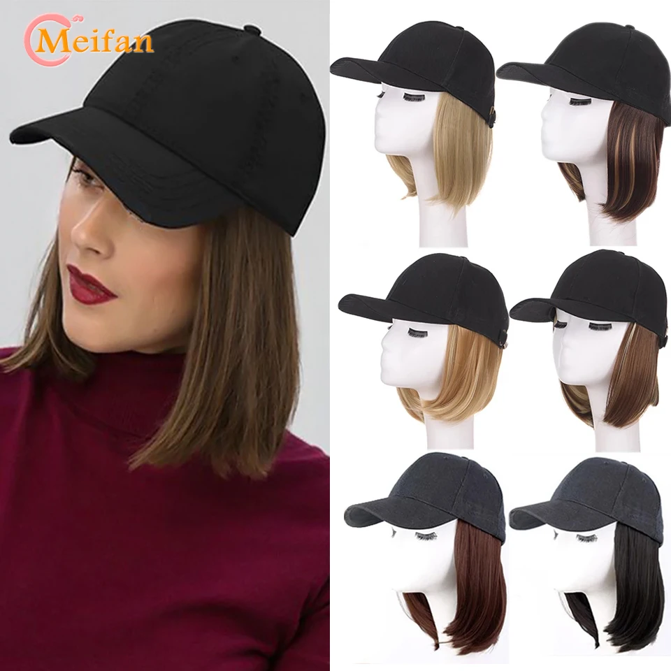 MEIFAN Synthetic Short Bob Baseball Sun Cap Wig With Hair Seamless Connection Adjustable Trucker Cap Wigs for Women