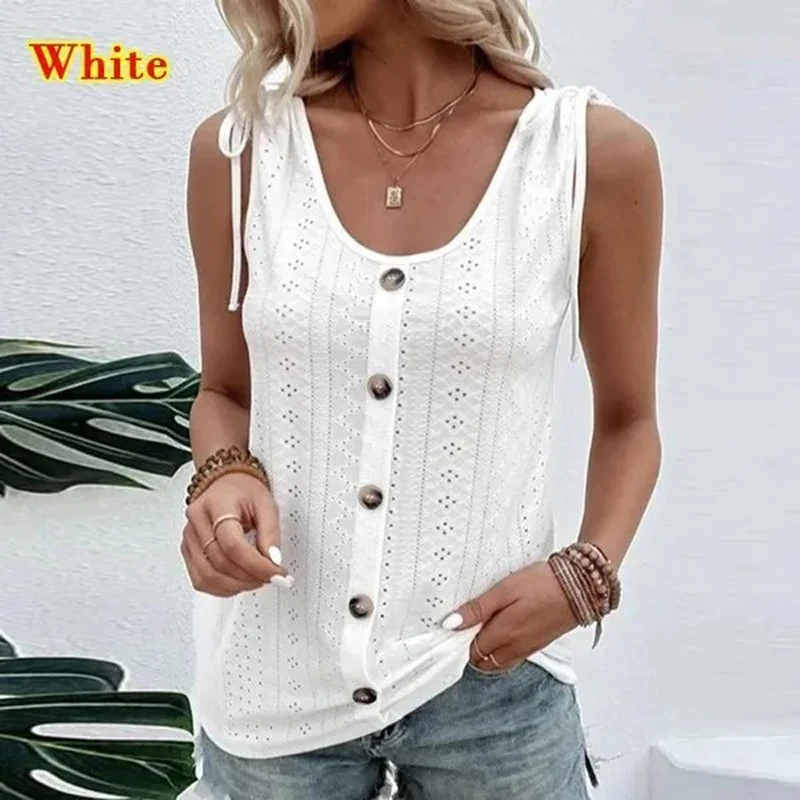 

Summer Hole Women's Sexy Casual Solid U-shaped Neck Tops Buttoned Elegant Sleeveless Vests Shoulder Straps Ladies Loose Shirts