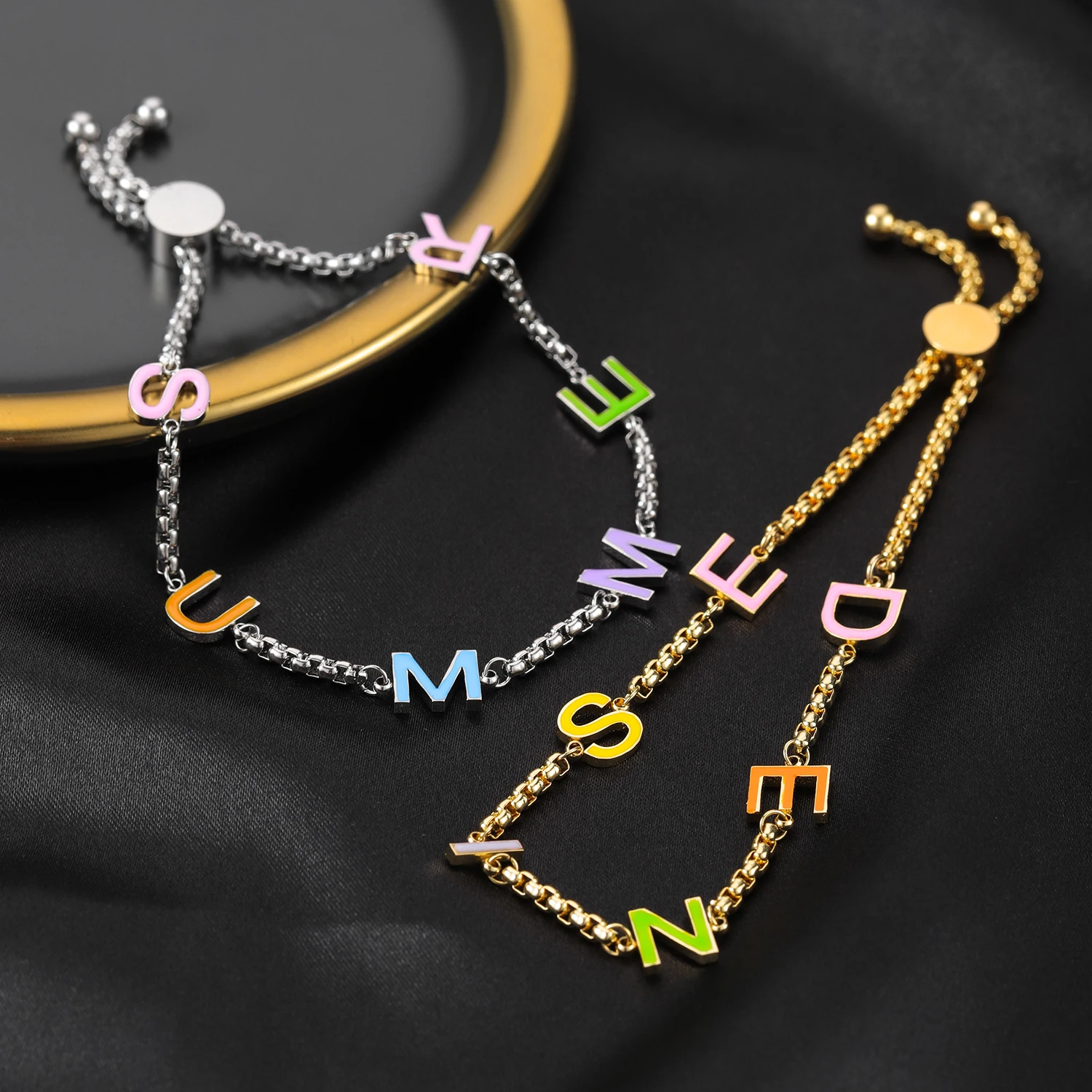 Telescopic Adjustable Letter Bracelet Customized Name Bracelet Waterproof Stainless Steel Bracelet Gold Plated Jewelry For Her