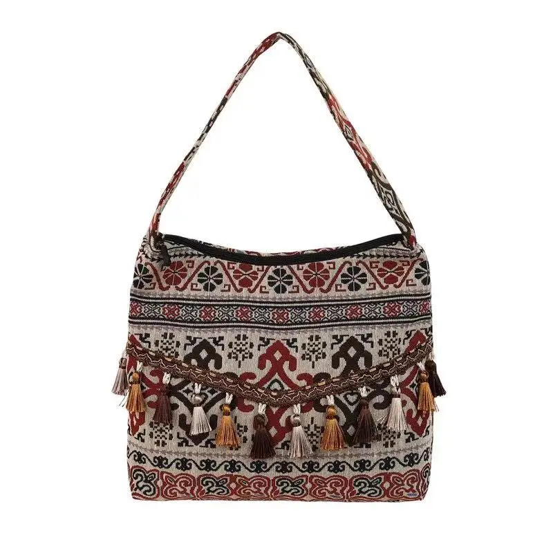 

Ethnic Geometric Pattern Shoulder Bag Women Bohemian Crossbody Bag with Colorful Fringe Tassel Handwoven Purse for Daily Use