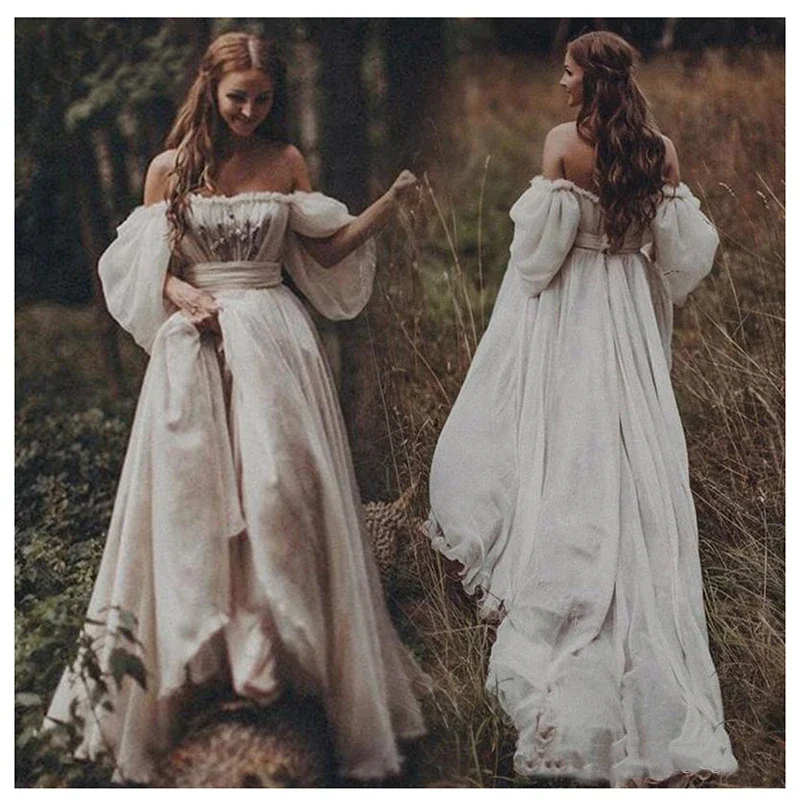 Dostosowane Boho Off The Shoulder suknia ślubna księżniczki Sweetheart aplikacja bufiaste rękawy suknia dla panny młodej linia A suknia panny młodej z odkrytymi plecami — zdjęcie 2