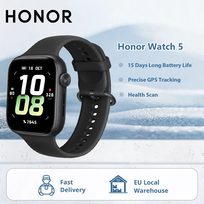 HONOR Watch 5 Smartwatch (globale Version) – Integriertes GPS, 1,85-Zoll-AMOLED-Farbdisplay, 480-mAh-Akku, 15 Tage Akkulaufzeit, 5 ATM + IP68, Bluetooth-Telefonie