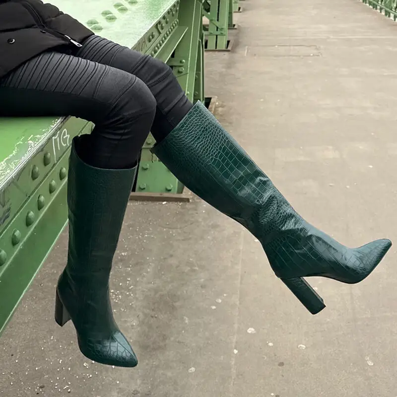 Onlymaker Women Green Knee High Boots Pointed Toe Western Cowboy Boots Wide Calf Block Heel Pull-On Cowgirl Booties
