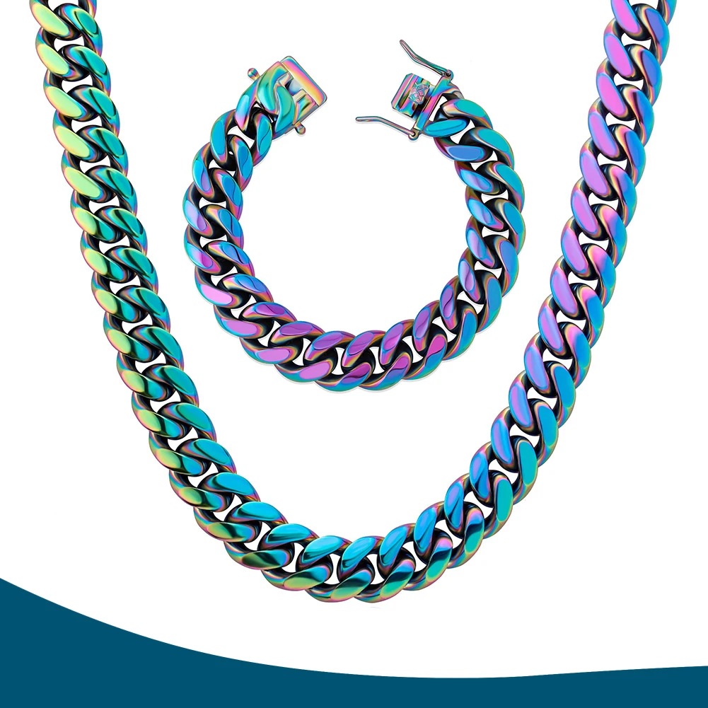 

14mm Rainbow Colorful Stainless Steel Cuban Link Chain Necklace And Bracelet, Hip Hop Multicolor Heavy Cut Curb Necklace For Men