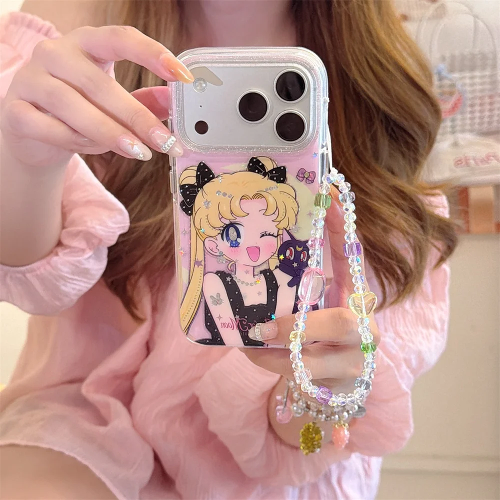 Coque de téléphone à paillettes pour iPhone 18 Pro Max 17 16 15 14 13 17 Pro avec chaîne, coque antichoc, motif chaton noir mignon et fille de dessin animé