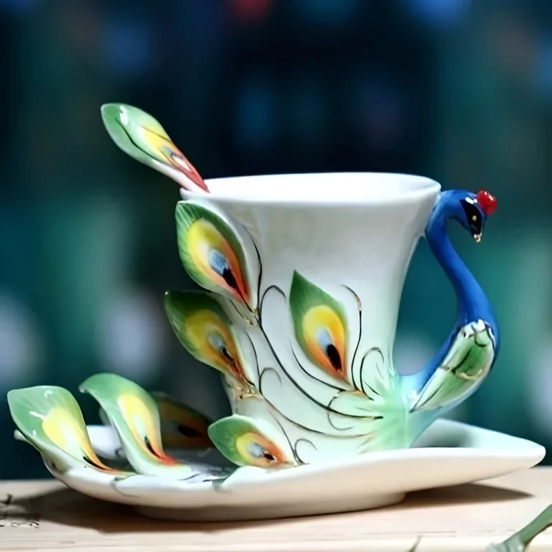 Peacock Teacup With Saucer And Spoon Ceramic Coffee Cup Drinking Cups For Breakfast Tea Party Afternoon Tea Home Garden Restaura