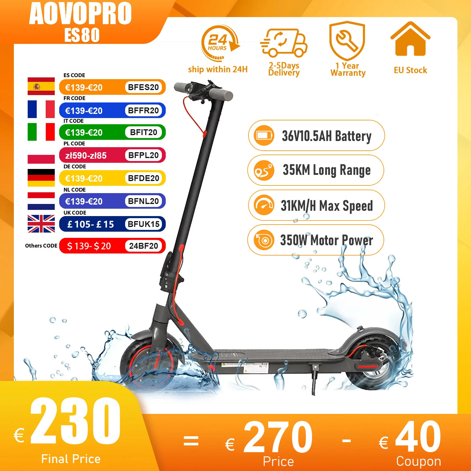 AOVOPRO ES80 31KM/H Electric Scooter 350W Powerful Motor 10.5AH Battery 8.5 Inch Off Road Smart Foldable Electric Skateboard