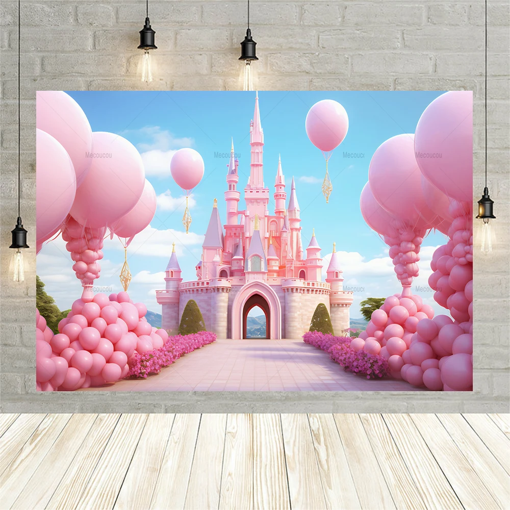 Fairy Tale Castle Photo Backdrop Pink Flower Balloon Princess Girls Birthday Party Decor Photography Studio Customized Memories