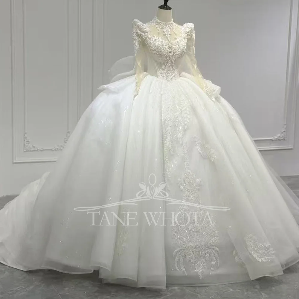 

2026 Turtle Long Sleeve Wedding Dress Beading Sequined Bow Detail Lace Up Back Customizable Lace Bridal Gown