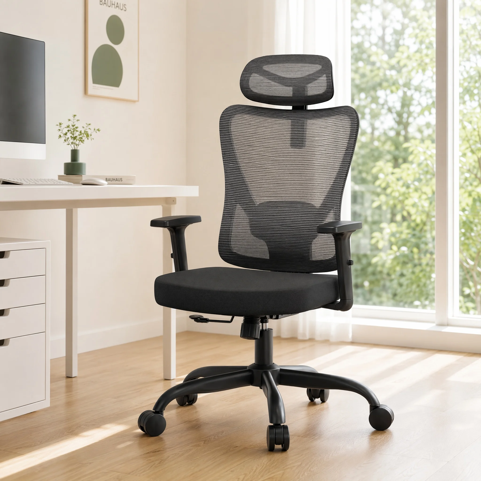 Chaise de bureau ergonomique réglable avec support lombaire rembourré, appui-tête et accoudoirs 2D, coussin de siège profilé 104 ° -130 °   mécanisme de verrouillage à bascule