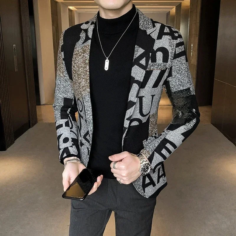 Wełniana marynarka retro na jesień/zimę 2024 Męska marynarka z nadrukiem w litery Nowa marynarka Slim Business Party Prom Fashion Wełniana kurtka Odzież męska — zdjęcie 2