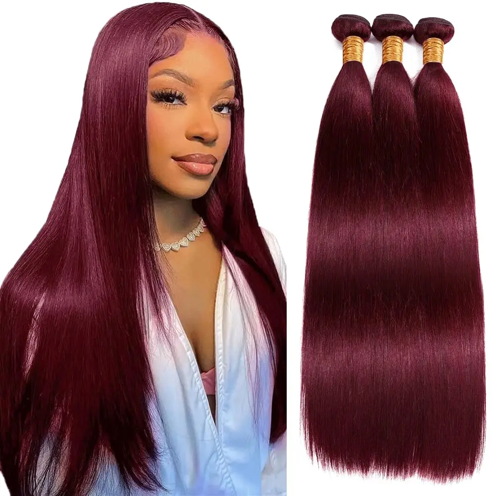 99J Bundel Rambut Manusia Burgundy Lurus Bundel Rambut Manusia Warna Merah Rambut Brasil 1/3 Bundel Ekstensi Rambut Virgin Remy 100G