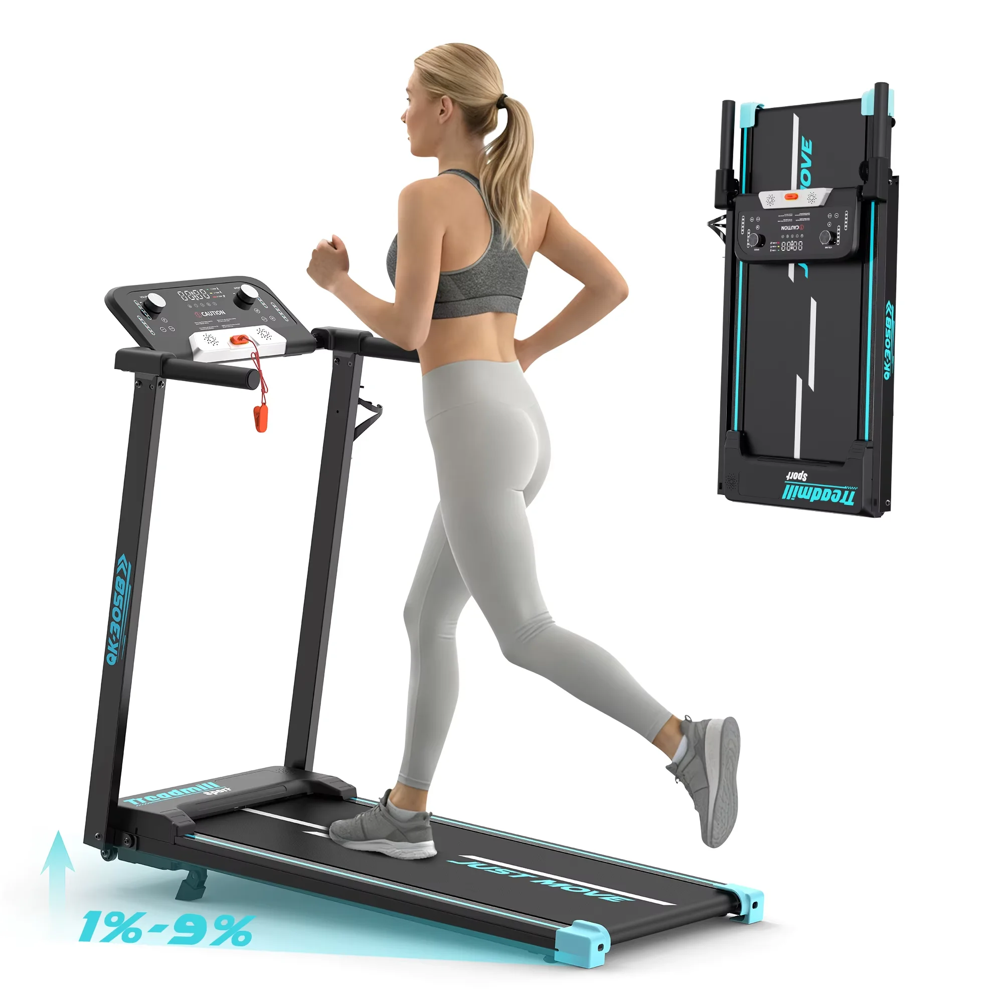 Opvouwbare loopband, 12 vooraf ingestelde programma's, instelbare hellingshoek tot 8%, Bluetooth-connectiviteit, maximale snelheid van 14 km/u.