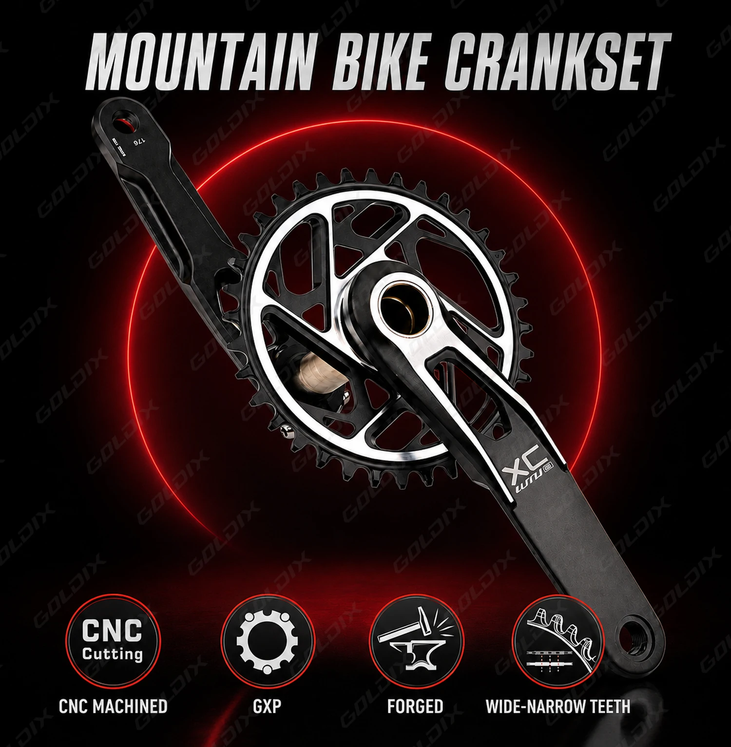 GOLDIX MTB-Kurbelgarnitur, 170/175 mm SL, 3 Bolzen, Direktmontage-Kurbel, 0 mm versetzt, 34 Zähne, 36 Zähne, 38 Zähne, 40 Zähne, Kettenblatt für XC AM – Detail 1