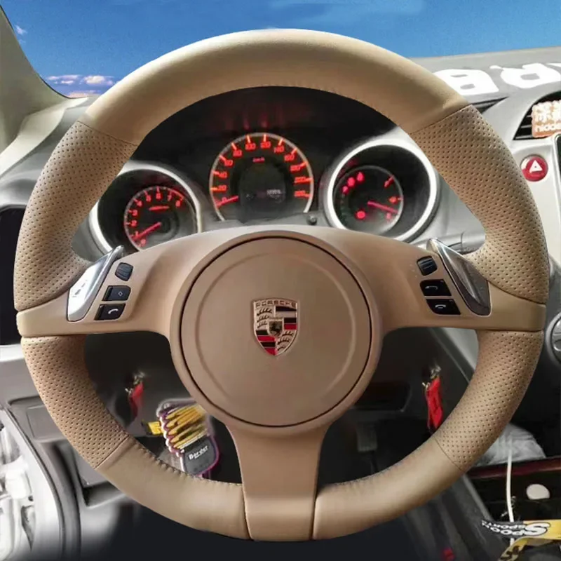 Dla Porsche Cayenne Panamera 2010-2012 Ręcznie szyta beżowa skórzana antypoślizgowa osłona kierownicy samochodowej — zdjęcie 2