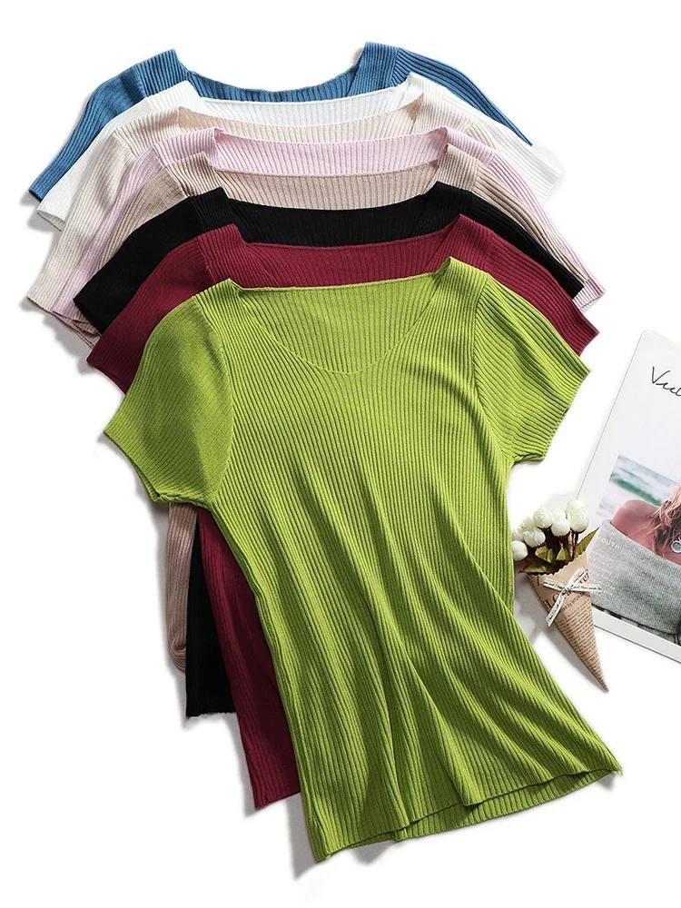 Pull Triblockchain à Manches Courtes pour Femme, Slim, Basique, Solide, Décontracté, Chemises, Printemps Été 2024, Corée