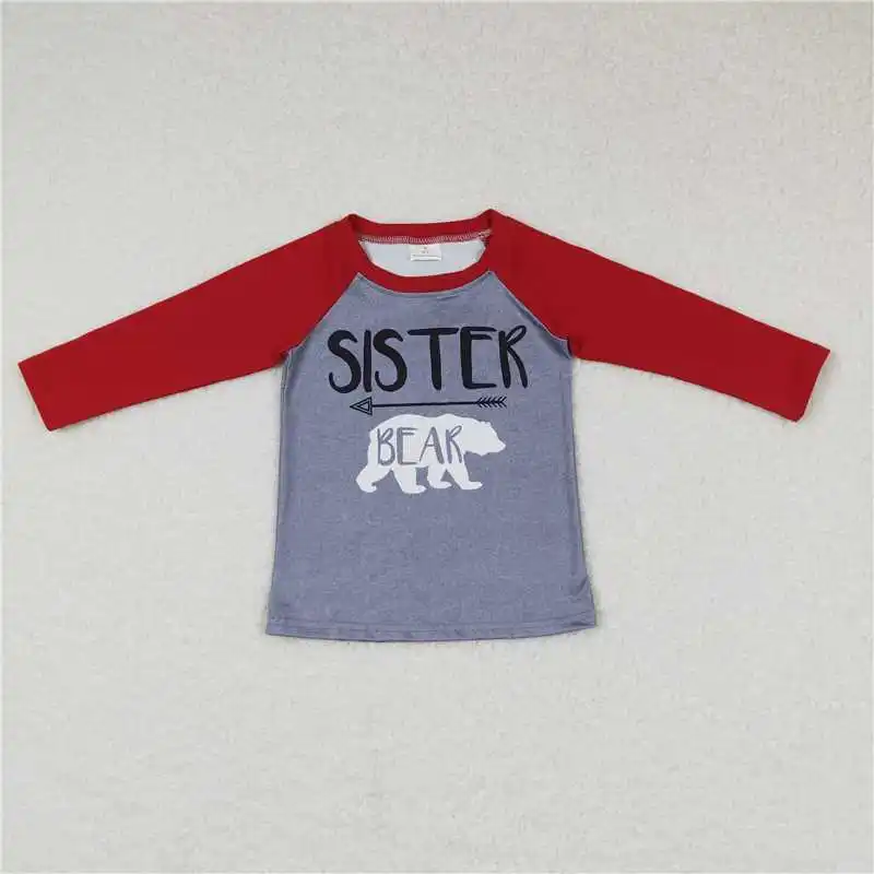 Western Fashion Baby Sister Brother Bear Polar Bear Red Grey Long Sleeve Top Wholesale Children Clothes