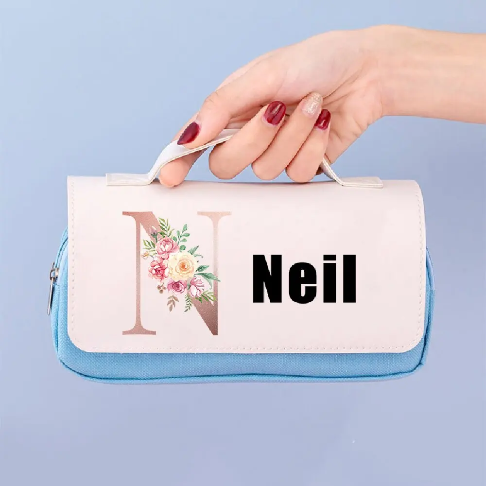 Blue Custom Initial Name Multi Pocket Pen Pouch w/ Handle Back to School Gift for Boys & Girls