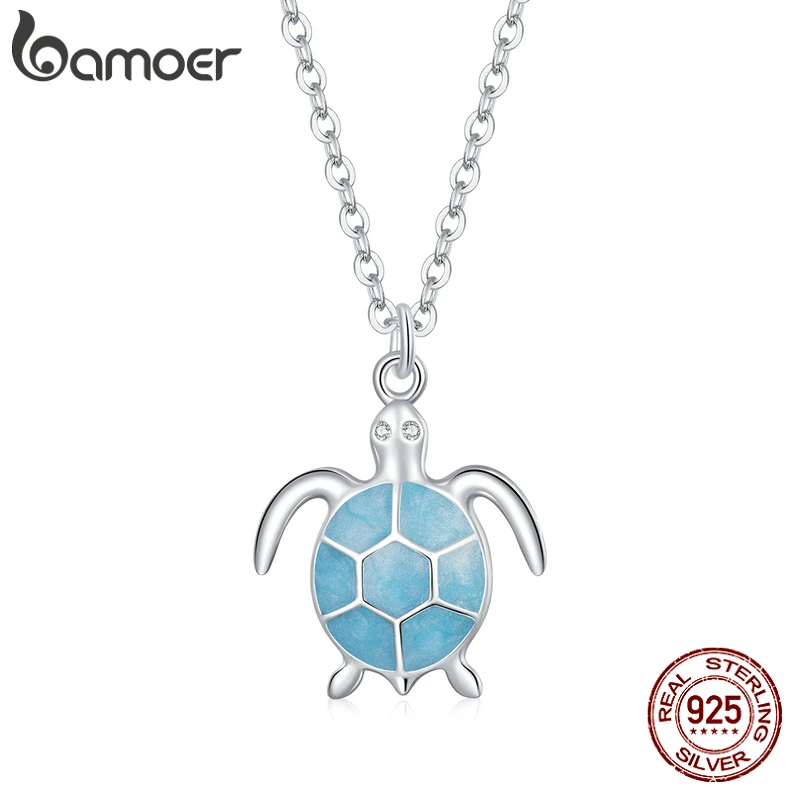 Bamoer 925 Sterling Silver Pave Shining Ziron Blue Turtle Necklace for Female Fashion Jewelry for Girls Birthday/Christmas Gifts