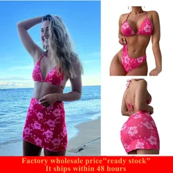 Pink Floral Print Halter 3 Piece Swimsuit Set plus Size Tie Back Triangle Bikini with Stretchy Wrap Cover up Skirt for Women