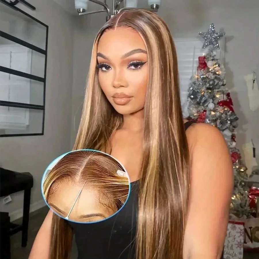 

30 Inch Highlight Blonde 13x4 HD Lace Closure Wigs Human Hair Straight P4/27 Lace Front Frontal Wigs Human Hair For Women