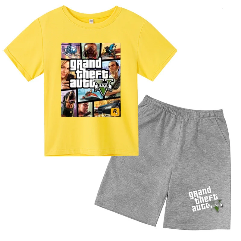 Camiseta y pantalones cortos Grand Theft Auto V GTA 5 para niños, ropa de ocio de moda, conjunto de cuello redondo para niños y niñas de 3 a 12 años