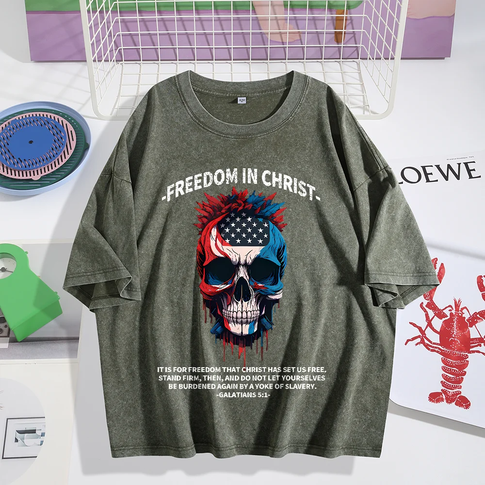 Camiseta lavada cristiana del Día de la Independencia de Freedom In Christ, camisetas informales de manga corta con cuello redondo para mujer, camisetas de gran tamaño