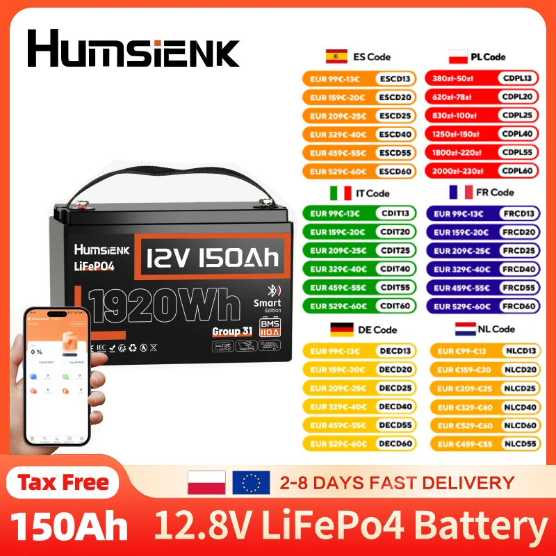 Batteria al litio Humsienk 12V 150Ah LiFePO4 1920Wh con BMS 110A migliorato 15000 cicli per inverter, camper, campeggio, camper