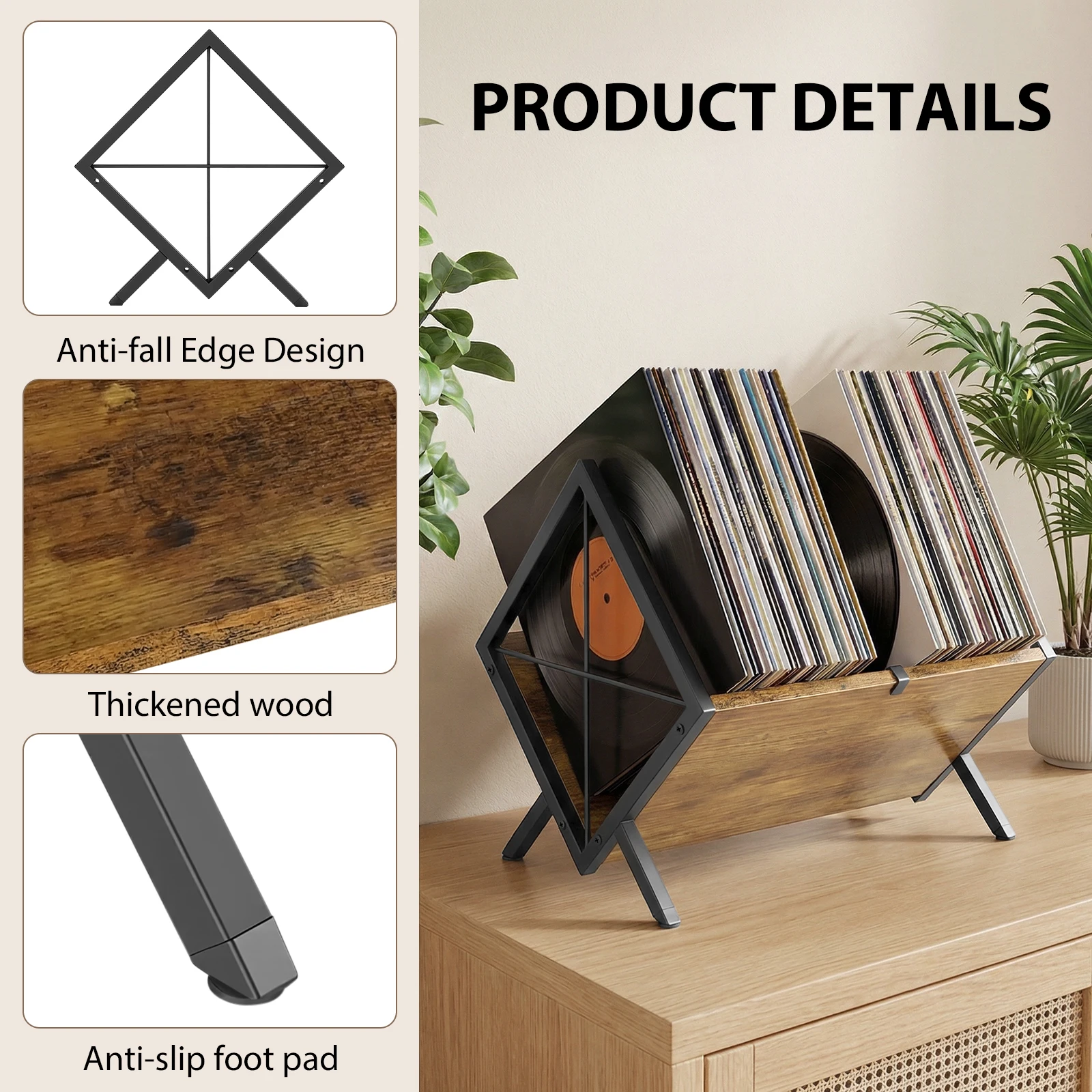 Porta Dischi in Vinile da Scrivania, Espositore Retrò in Legno e Metallo per Album LP, Libri, Riviste, Decorazione Casa, Organizzatore e Supporto per Dischi