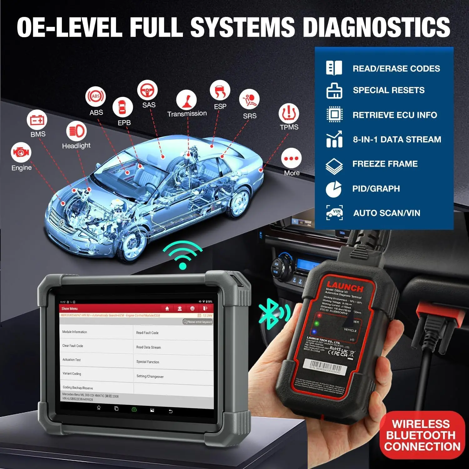 Picture 6: LAUNCH X431 IMMO Plus OBD2 Car Diagnostic Device with ECU Coding Full Key Programming with 39+ Reset Service, ABS, Oil, EPB, DPF