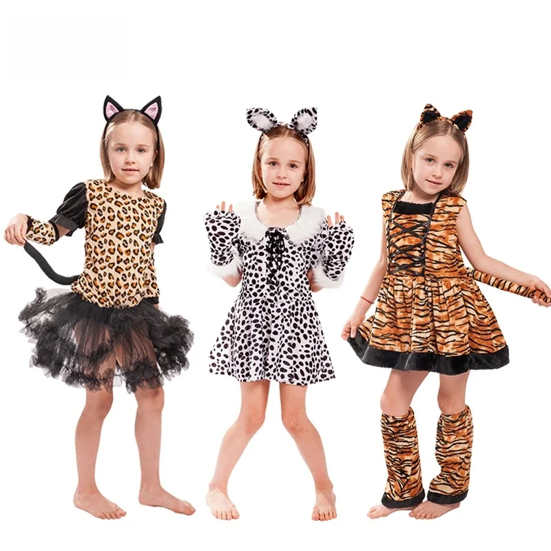 Uroczy strój karnawałowy dla dziewczynek: przebranie za tygrysa lub lamparta, kostium na Halloween, Boże Narodzenie, z opaską na głowę. — zdjęcie 2