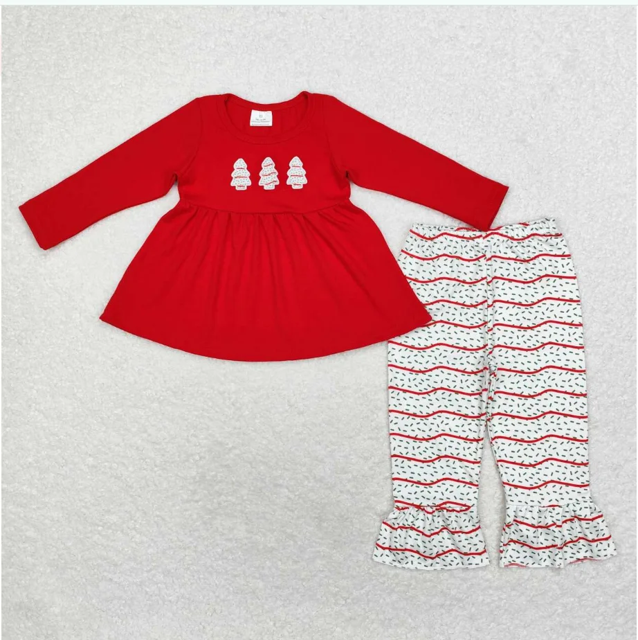 

Girl Red Dress GLP1525 Debbie Cake Embroidery Red Tunic Top Ruffle Pants Girls Christmas Clothes Set