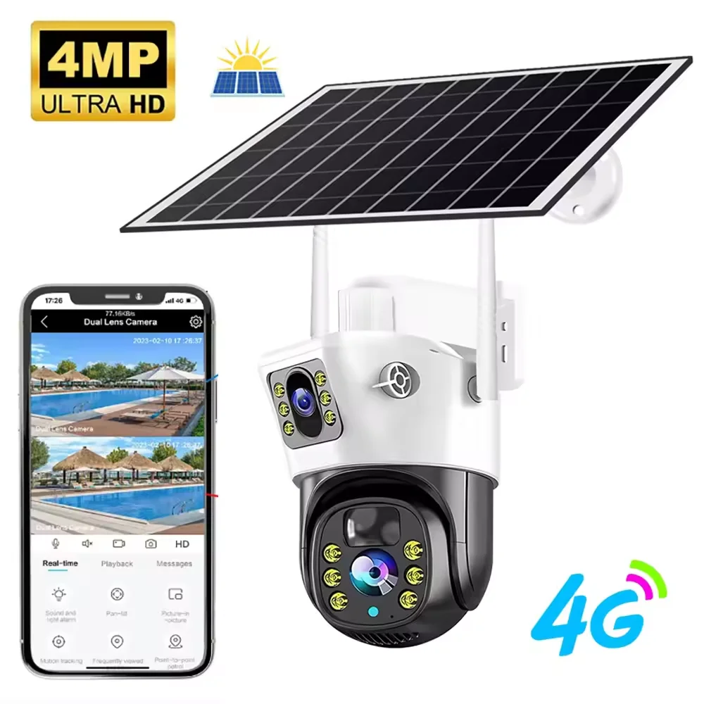 4MP 4G Dual Lens Dual Screen Wireless Outdoor PTZ Solar Wireless IP Camera Solar Panel PIR Detection Video Surveillance Camera