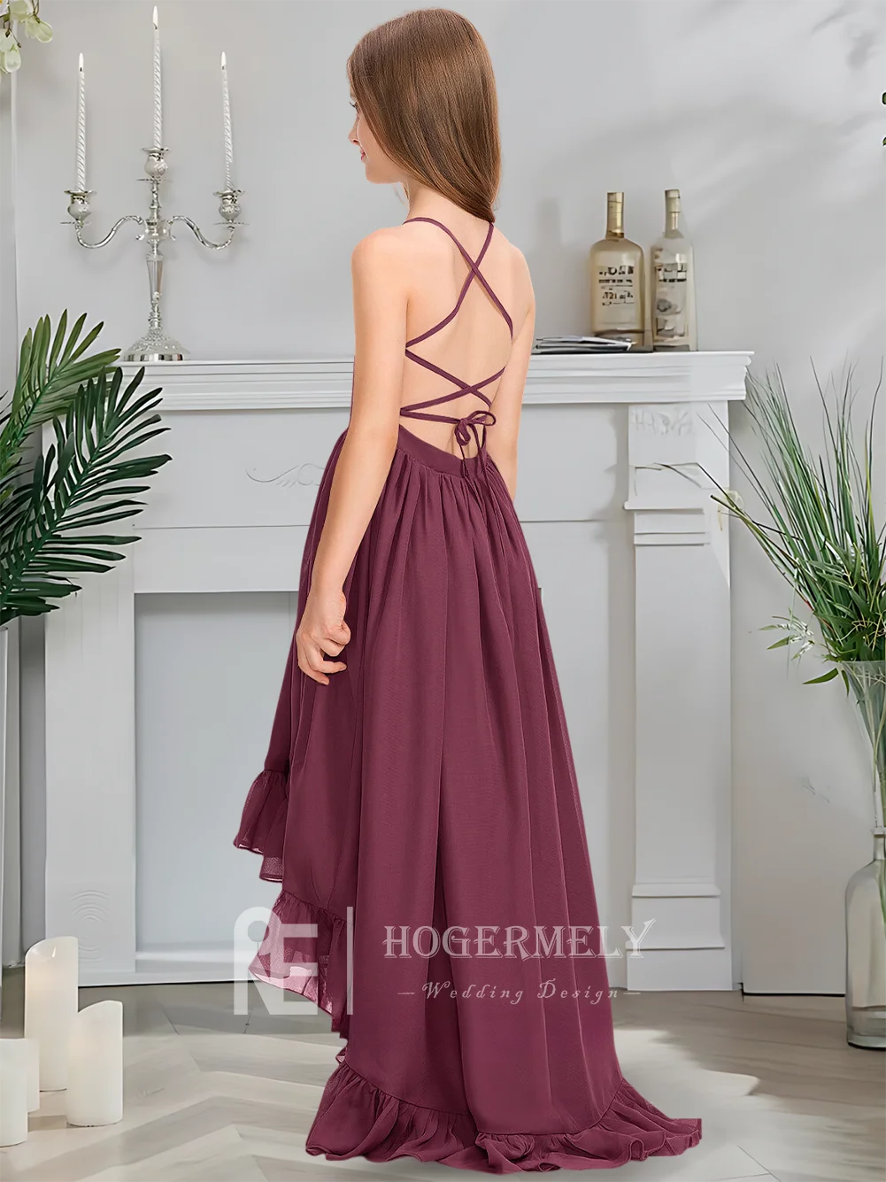 Роскошное платье подружки невесты с круглым вырезом, королевское сливовое платье с цветочным узором для девочек, асимметричный шифон с каскадными оборками и бантом