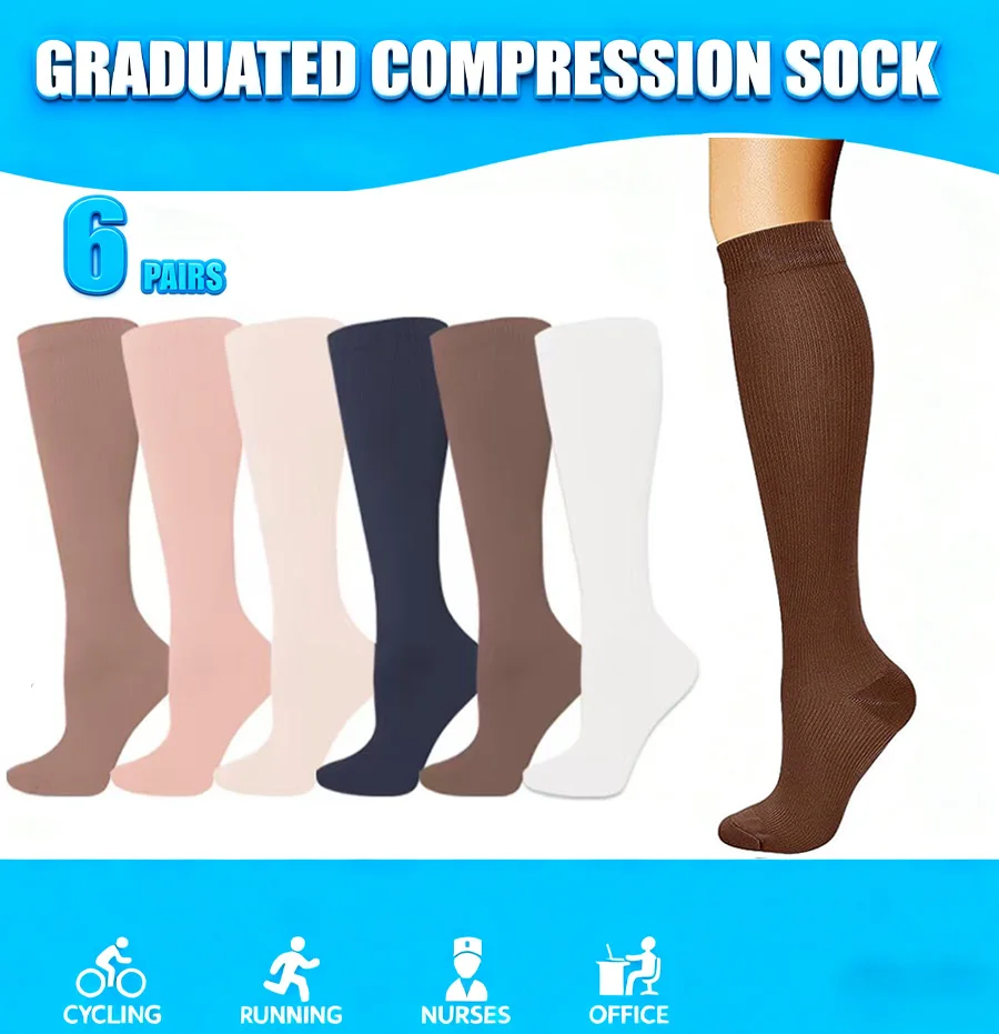 

6 пар компрессионных носков — дышащие эластичные носки для всех сезонов для медсестер, путешествий, бега и мужчин и женщин