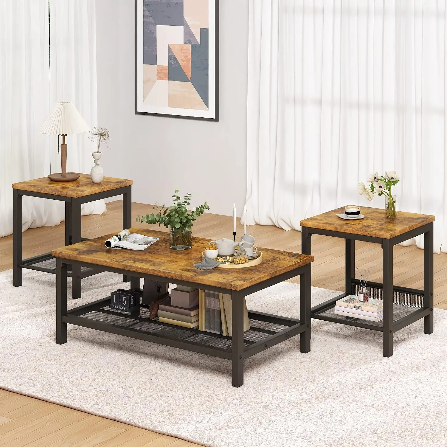3 Pieces Living Room Table Set, Industrial Coffee Table with 2 Square End Side Tables, Coffee Table Set with Metal Frame for Apartment Home Office, Rustic Brown
