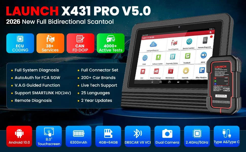 New LAUNCH X431 PRO V5.0 Car Diagnostic Tools Auto Full System ECU Coding Active Test OBD2 Scanner 37 Reset CAN FD DBScar VII