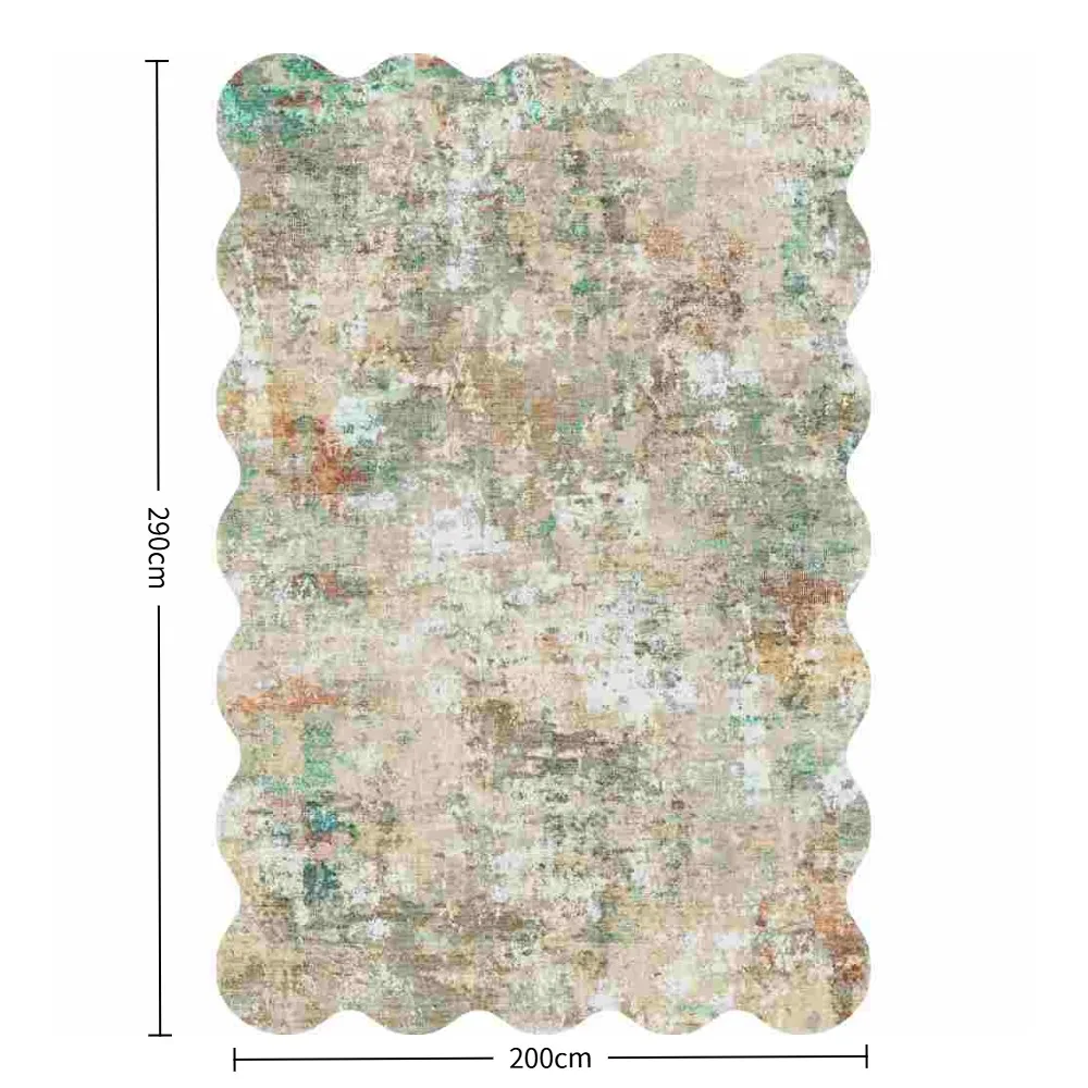 Abstract vloerkleed met gegolfde rand, machinewasbaar, zacht vloerkleed met antislip achterkant. Duurzaam opvouwbaar vintage tapijt met verweerde uitstraling voor woonkamer, slaapkamer en