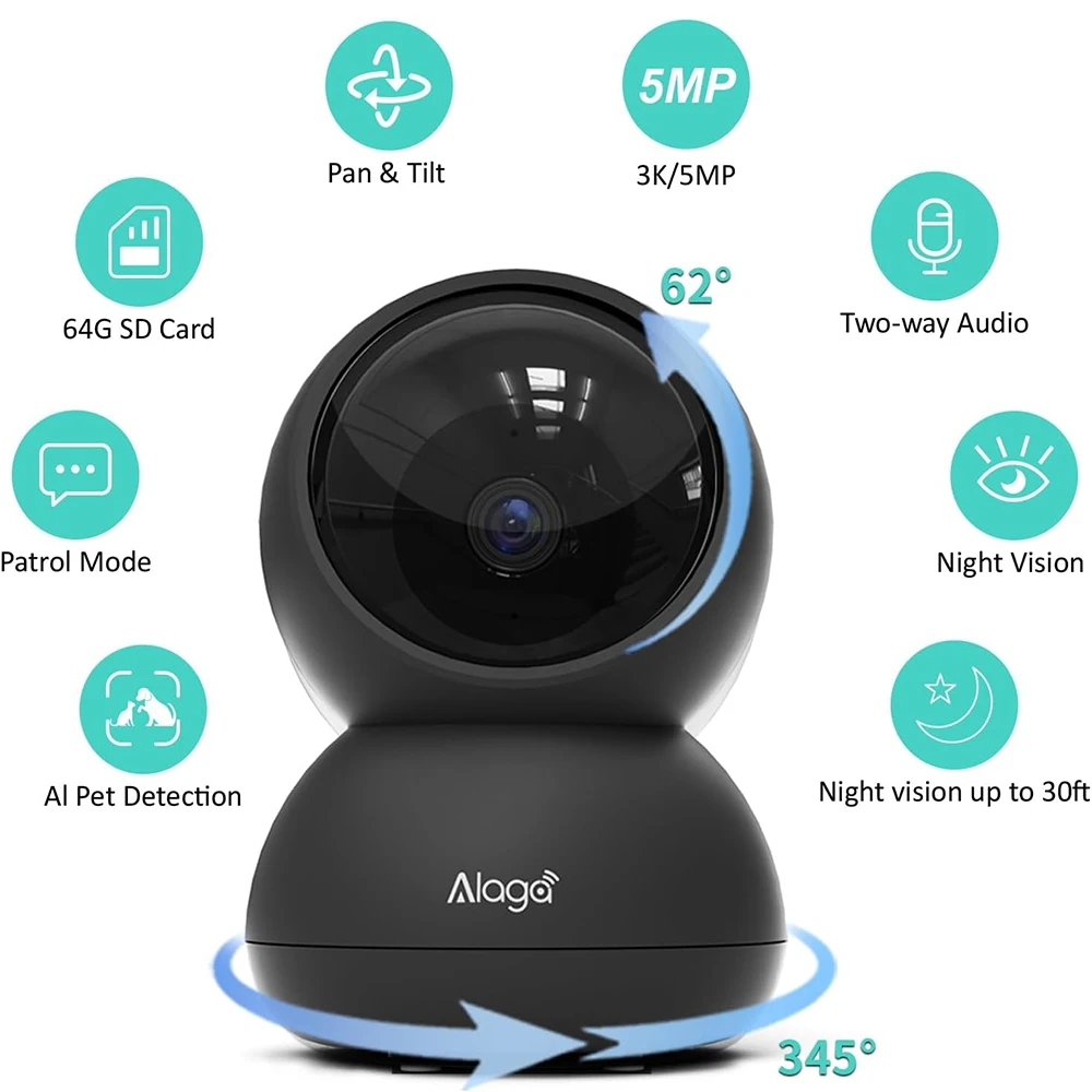 

Черная камера мониторинга обнаружения движения 3K 5MP AI с автоматическим отслеживанием, двухдиапазонный WIFI, двусторонняя языковая связь