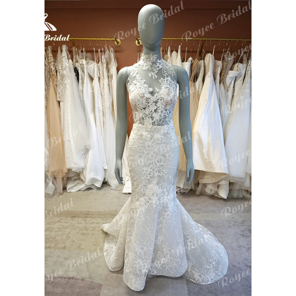 Vestido De Novia De sirena De encaje con botones en la espalda para mujer, Vestidos De Novia bohemios, cuello alto, sin mangas, Sexy, exquisito