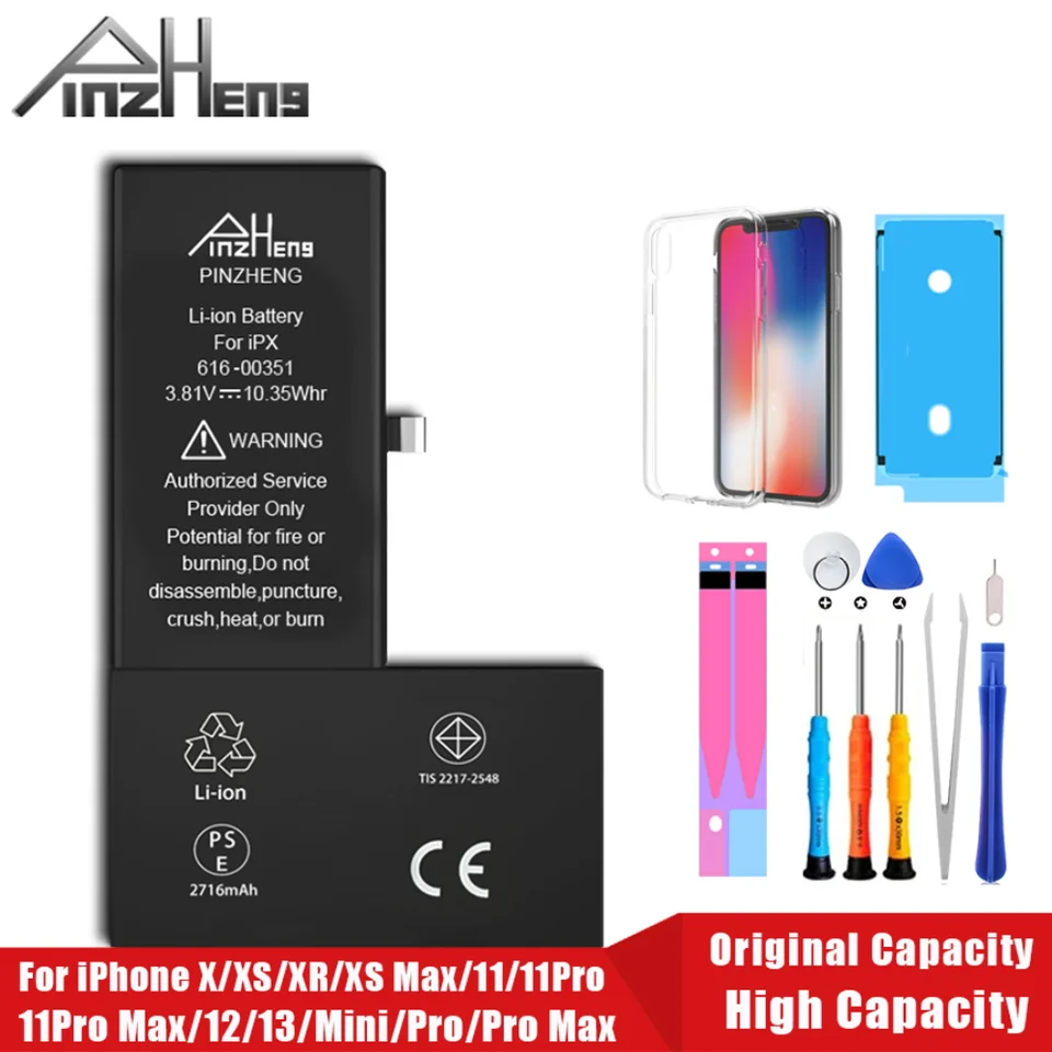 PINZHENG Batería real de alta capacidad para iPhone X XR XS Max 12 13 Mini Pro Max 11 Pro Max Reemplazo Batería Garantía de un año