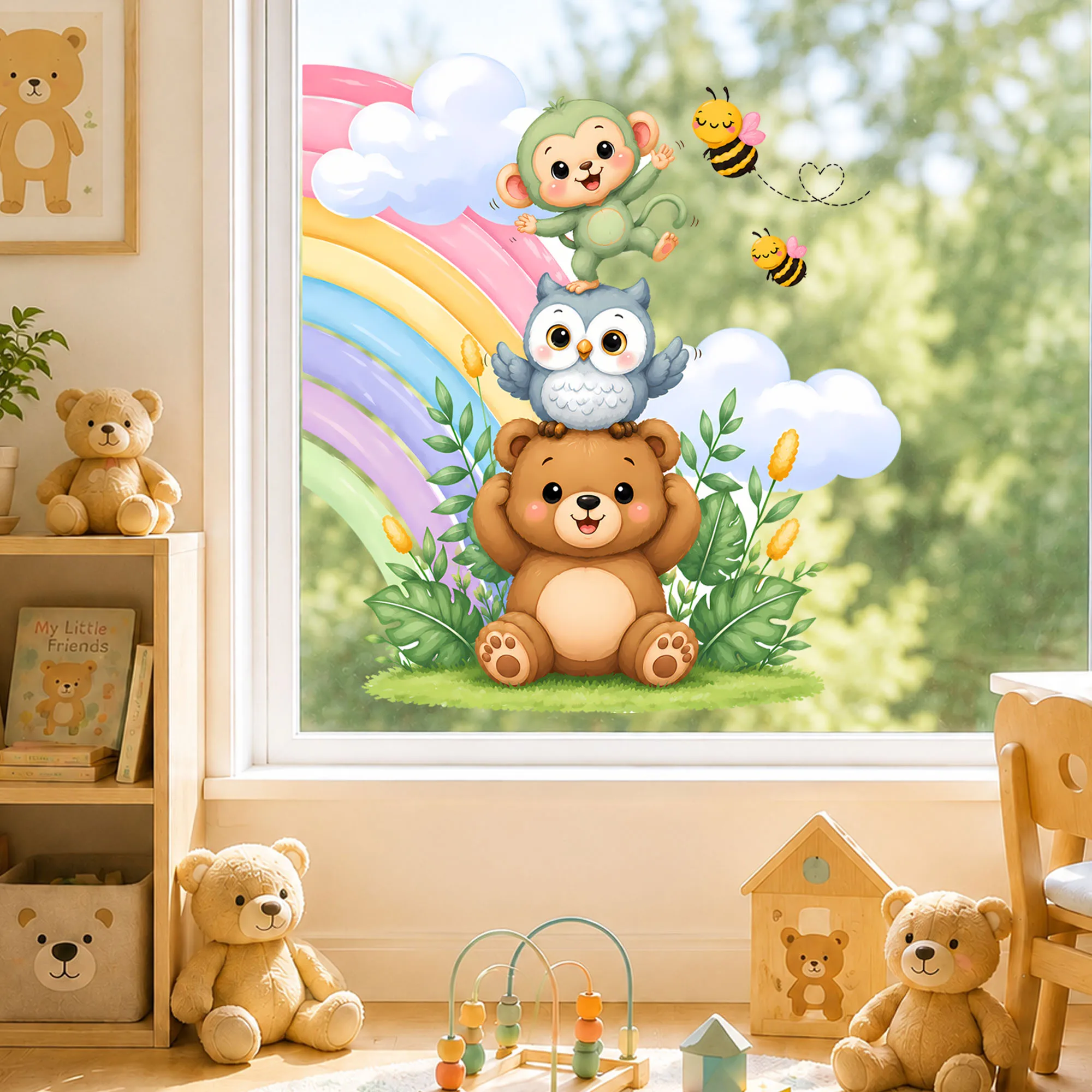 Cute Elephant Bear Fox Window Film Stacking Animals Rainbow Glass Sticker Static Cling for Kids Girl Room Nursery Window Decal
