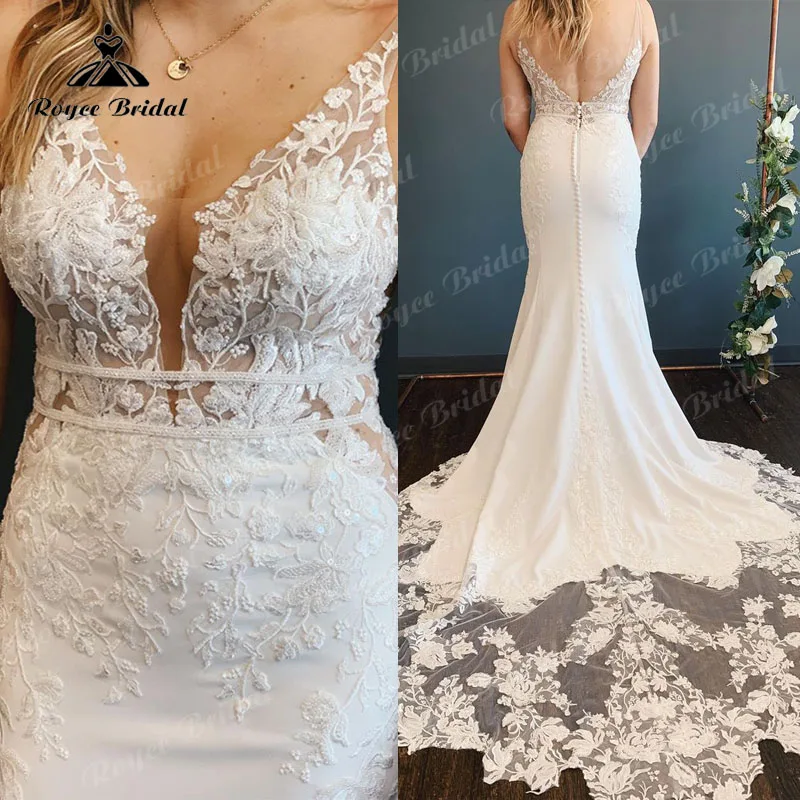 Boho Mermaid/Trumpet Sleeveless Wedding Dress Lace Appliuqes V Neck 2022 Robe Civil Satin Open Back Cut-out robe mariée sirene