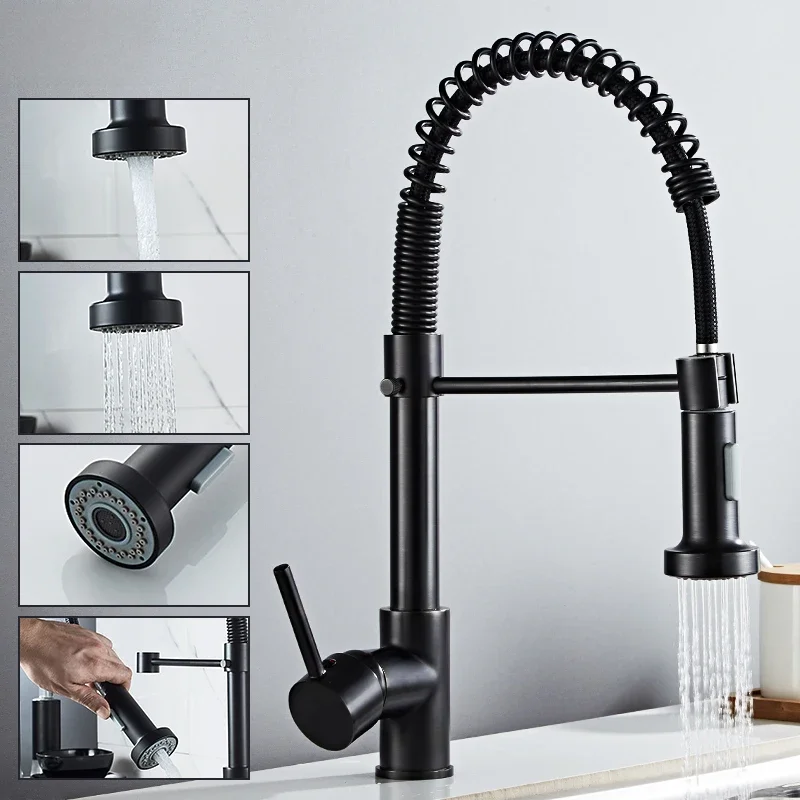 Deck Mounted Flexible Kitchen Faucets Pull Out Mixer Tap Black Hot Cold Kitchen Faucet Spring Style with Spray Mixers Taps E9009
