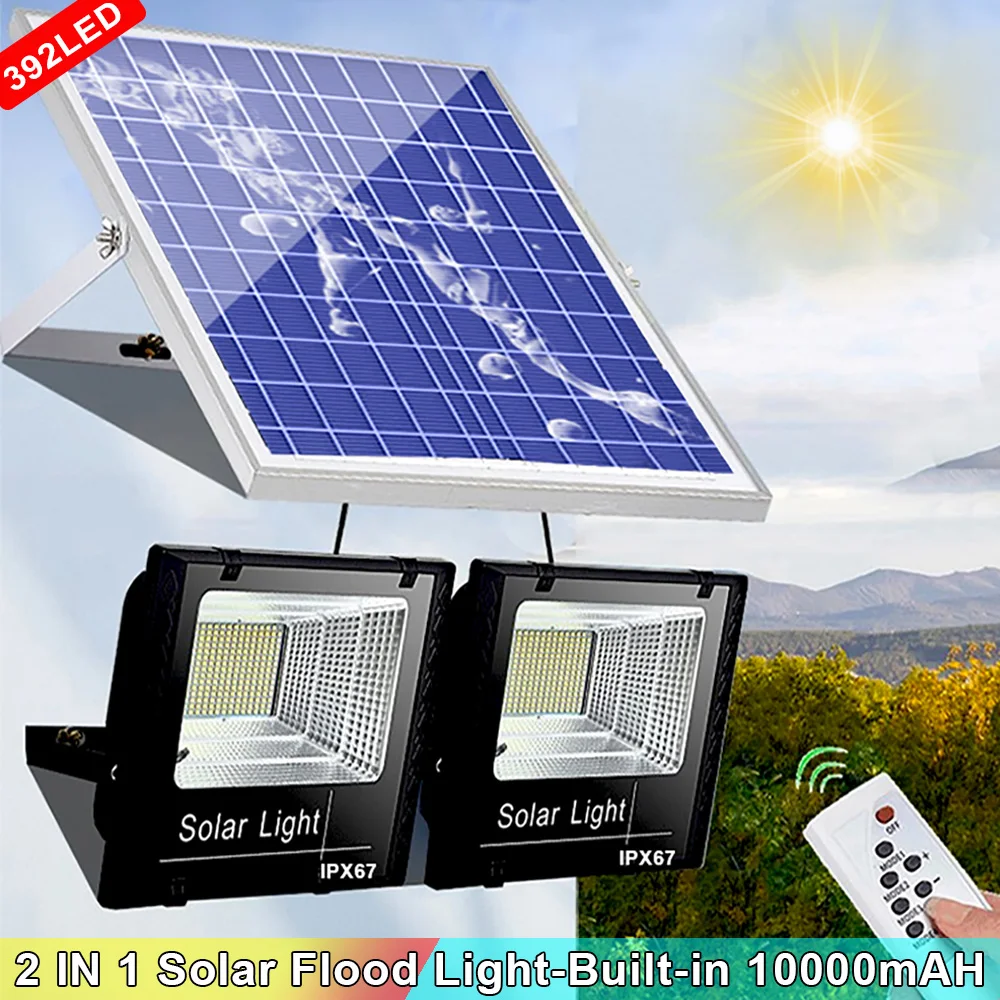 10000mAH Outdoor Solar Light Powerful Led Waterproof IP67 Floodlight Lighting for Home Path Garage House Garden Street Wall Lamp