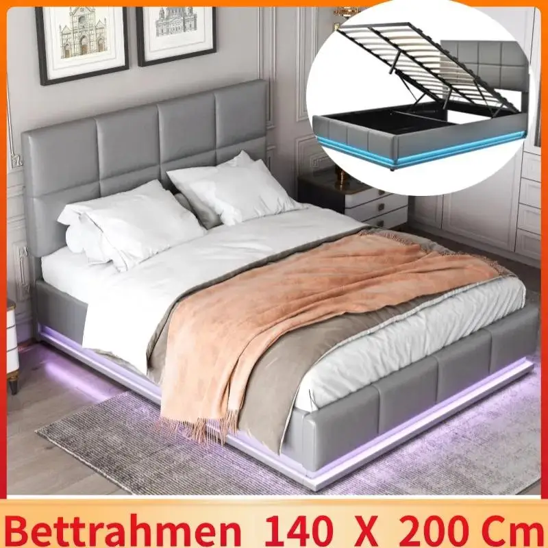 140x200 cm Upholstered bed with LED lighting,double bed, hydraulically liftable bed storage space, bed box slatted frame cover